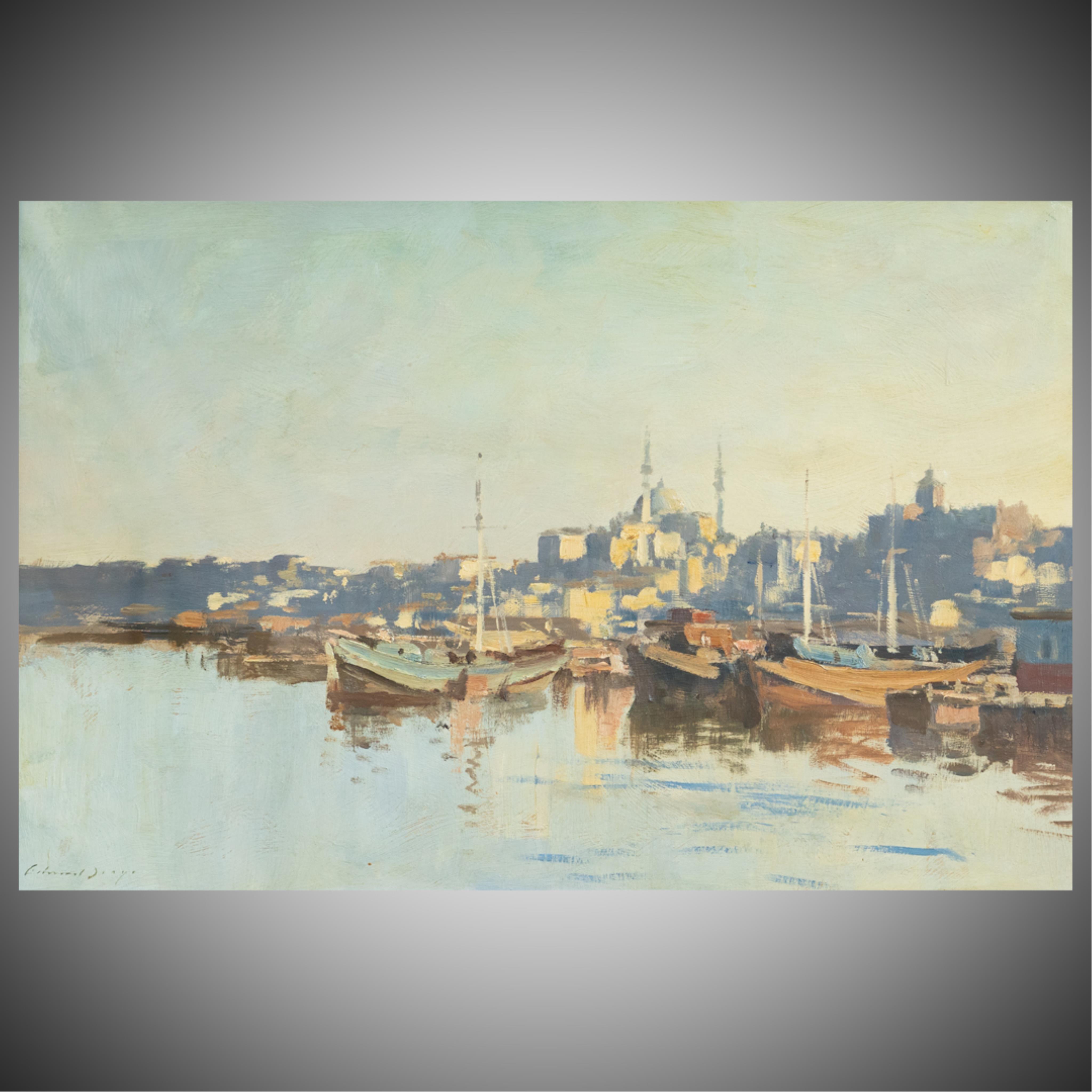 Edward Brian Seago RWS RBA (British, 1910-1974), 'A boatyard on the Golden Horn', oil on board, 50 x 75cm